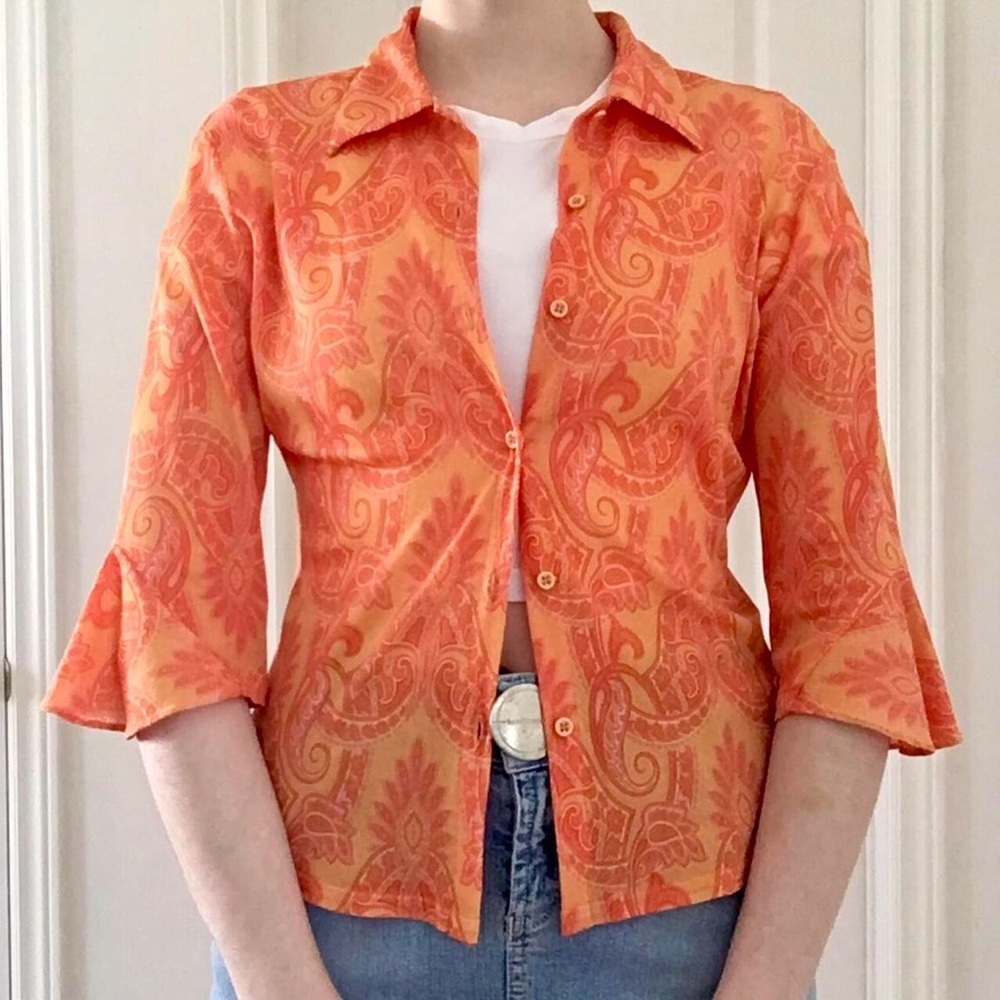 SOLD! Smart Set orange paisley print button down with ruffled sleeves blouse